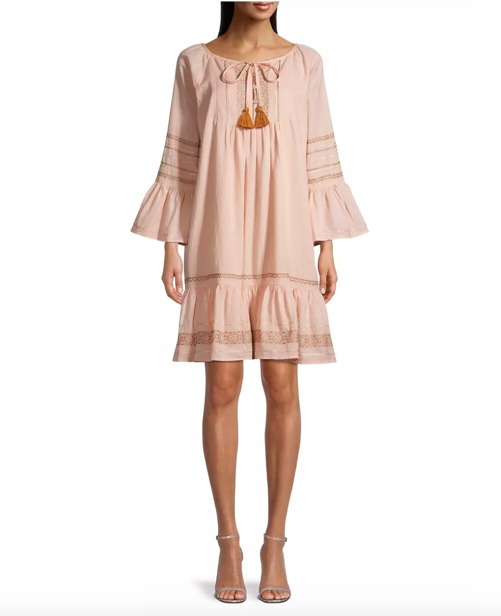 Roller Rabbit Maricruz Cross Stitch Embroidered Shift Dress Light Pink Tassel S